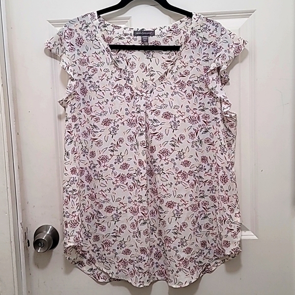 PEACE & PEARLS WOMEN'S BLOUSE V NECK BEUGE FLORAL PRINT FLUTTER SLEEVE S… - Picture 2 of 7